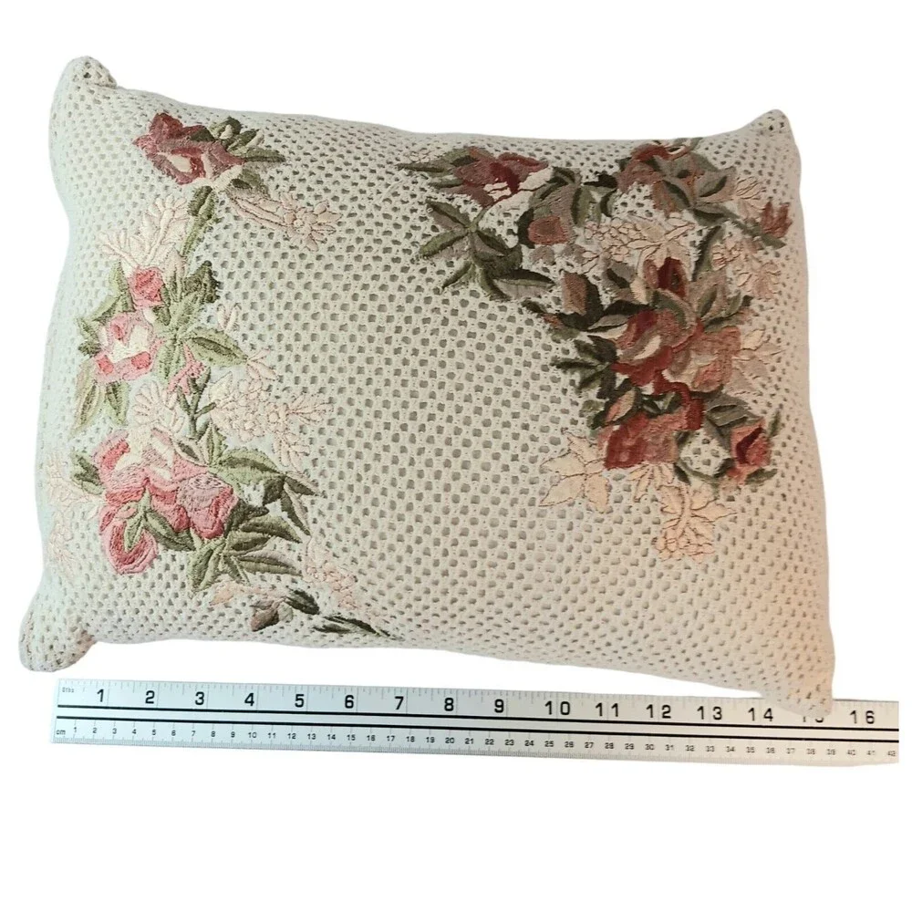 Floral Embroidered Pillow Cream Pink Rust Green Cottagecore Rectangle 15